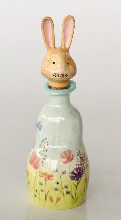 Large Ceramic Bottle Bunny Head Blue Floral Design